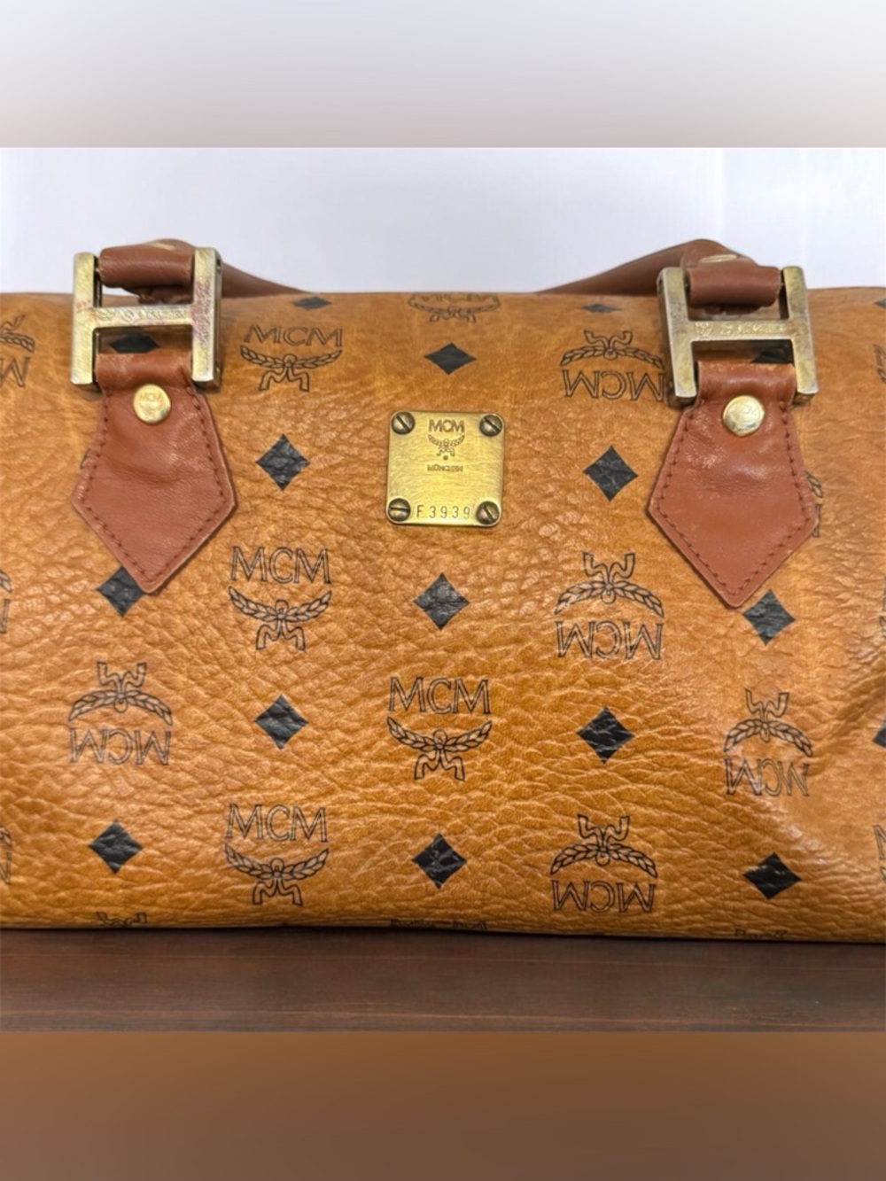 MCM Visetos Cognac Leather Satchel Bag GUC B46